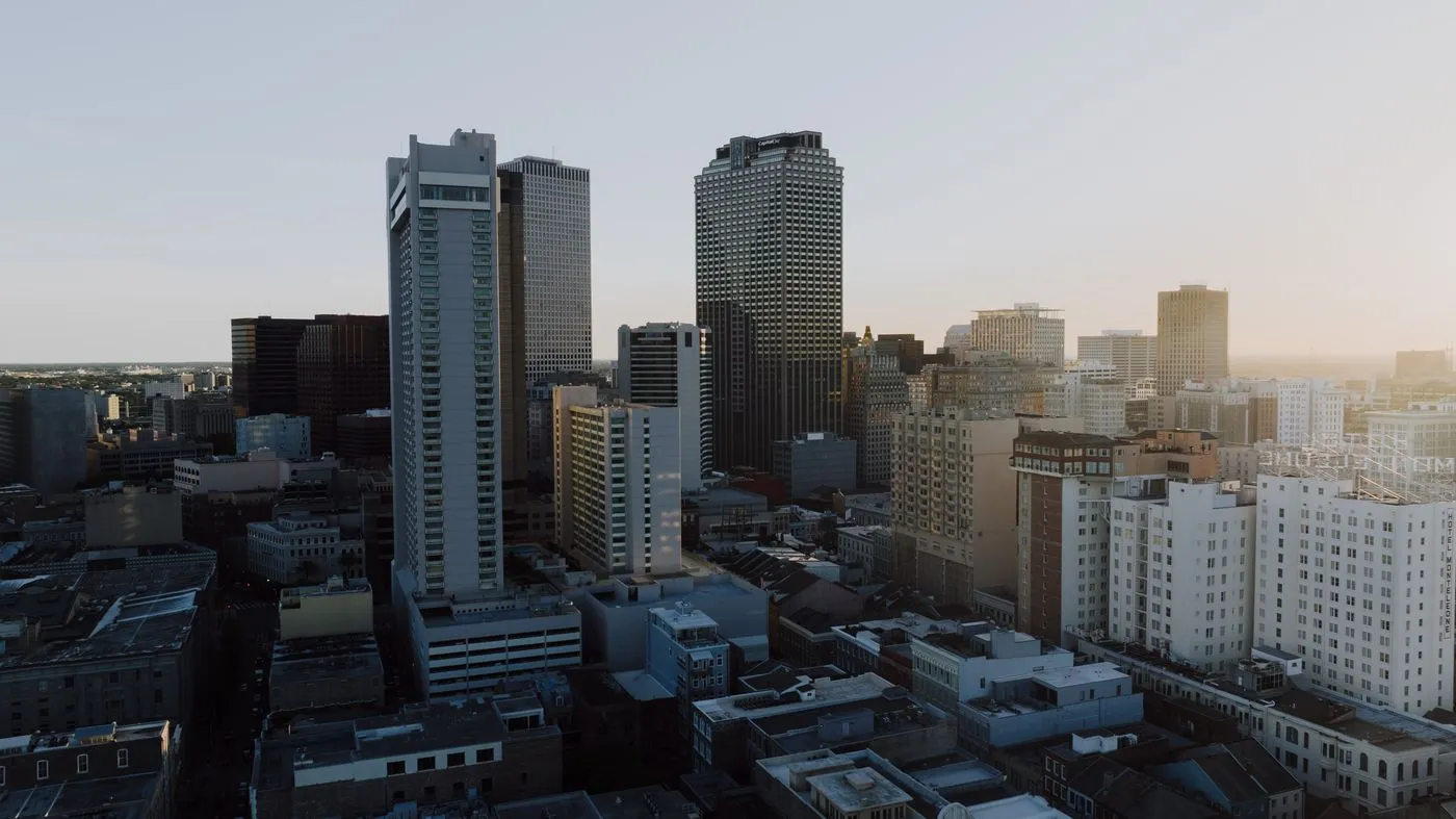Downtown New Orleans skyline in soft evening light