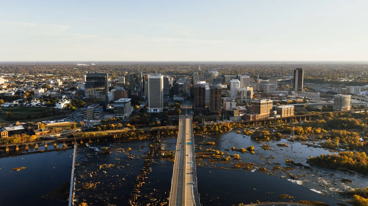 Aerial view of downtown Richmond, Virginia along the James River