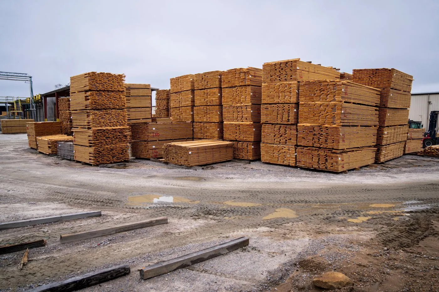 Stacks of lumber in a building materials yard