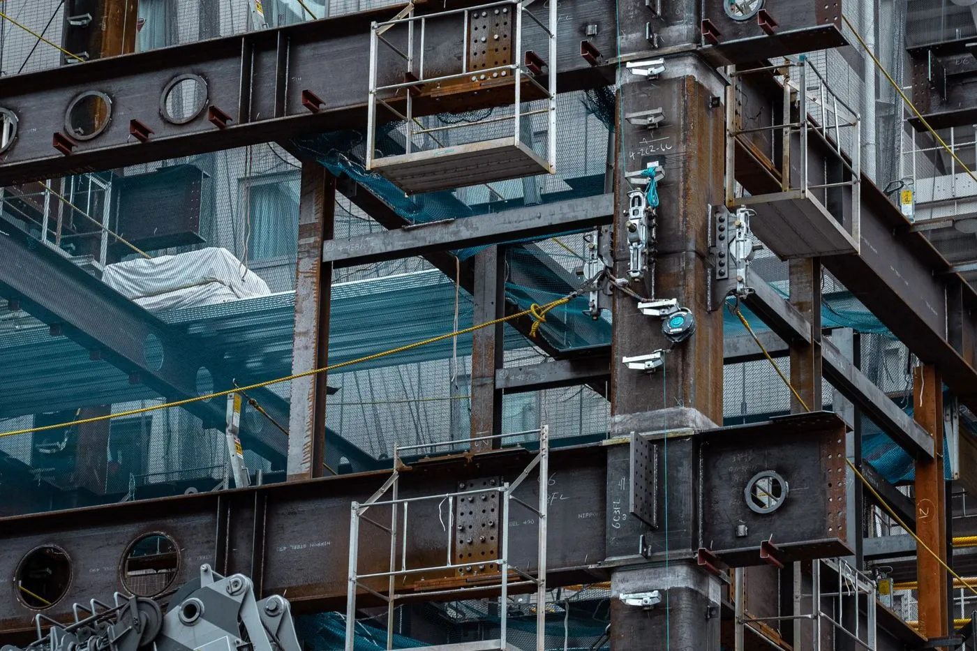 Structural steel beams and columns on a construction site