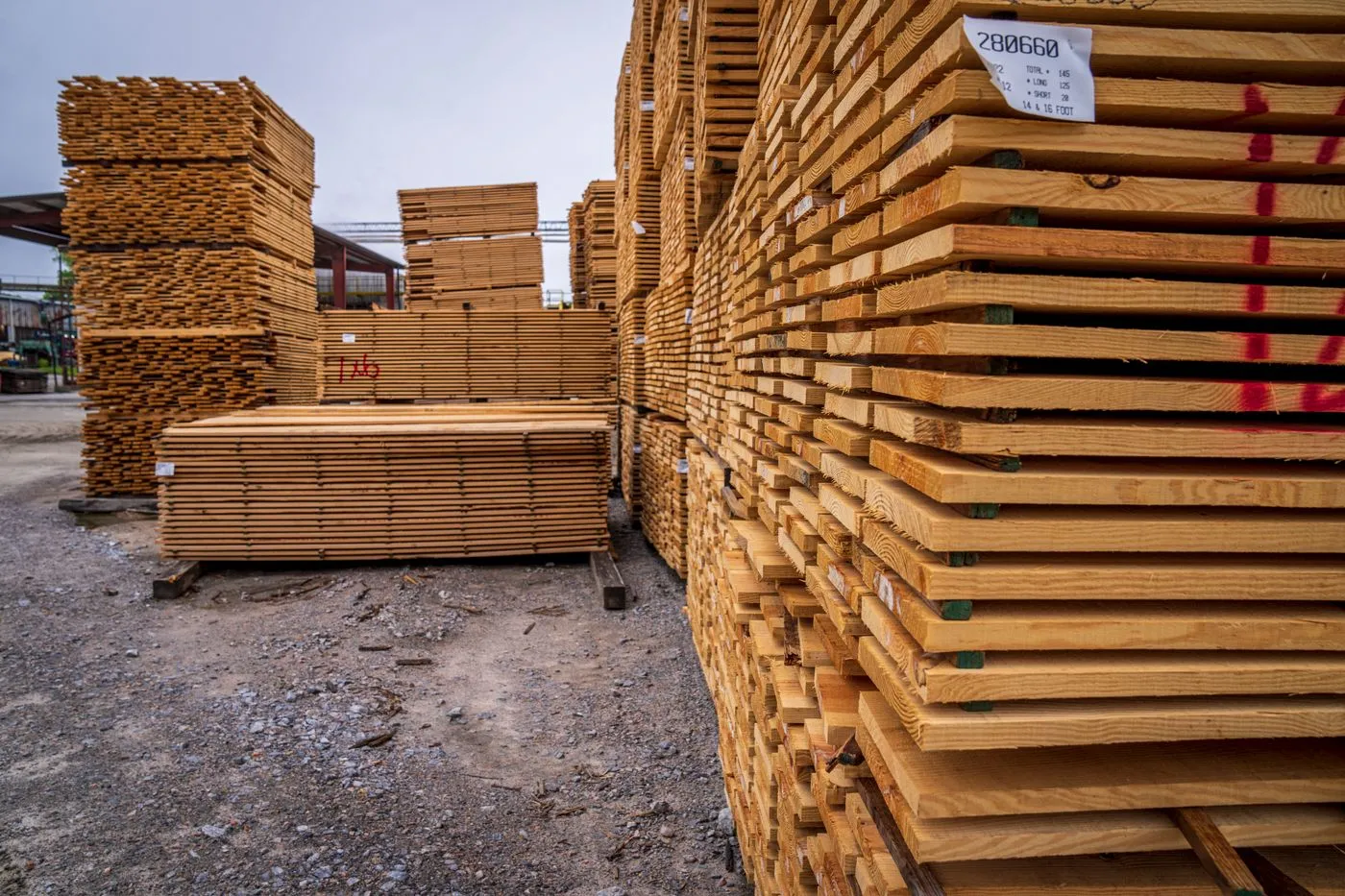Stacks of framing lumber in a building materials yard